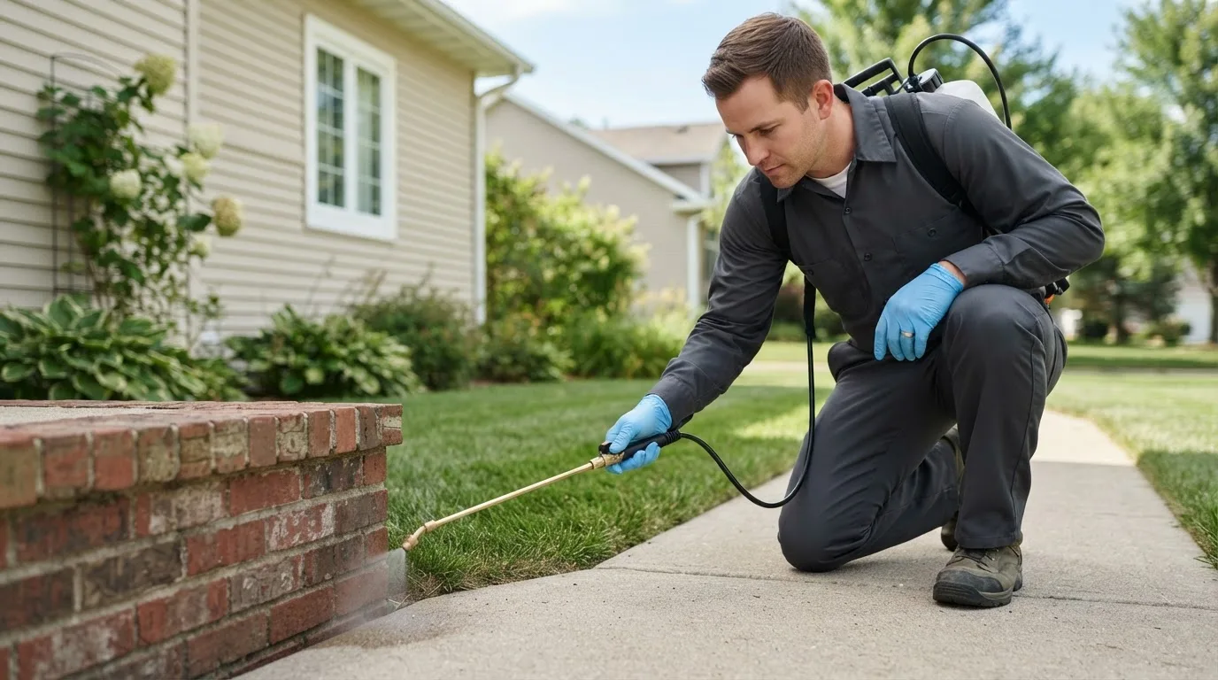 Pest control technician treating a home near Woodsville, NH