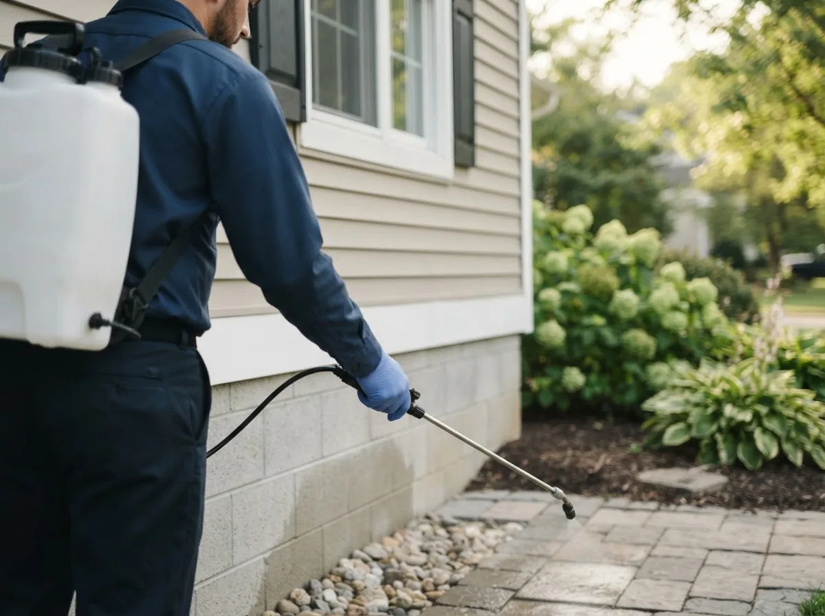 Pest control technician inspecting a home in Woodsville, NH